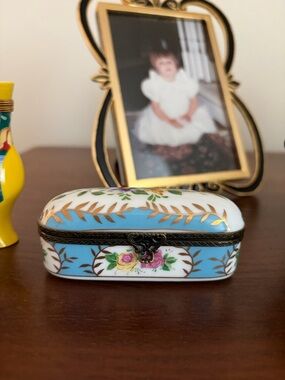 Blue and White Floral Porcelain Trinket Box with Gold Accents